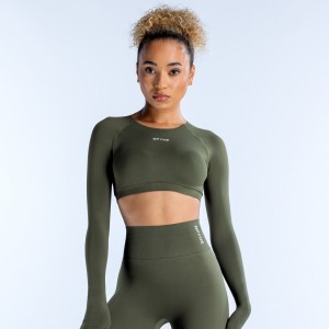 DFYNE Dynamic Long Sleeve Crop Ženske Top Maslinasto Zelene | TQYKH5210